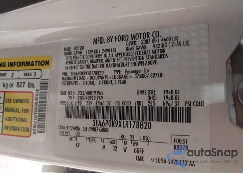 2020 Ford Fusion Titanium from USA, damaged, VIN 3FA6P0K9XLR178820